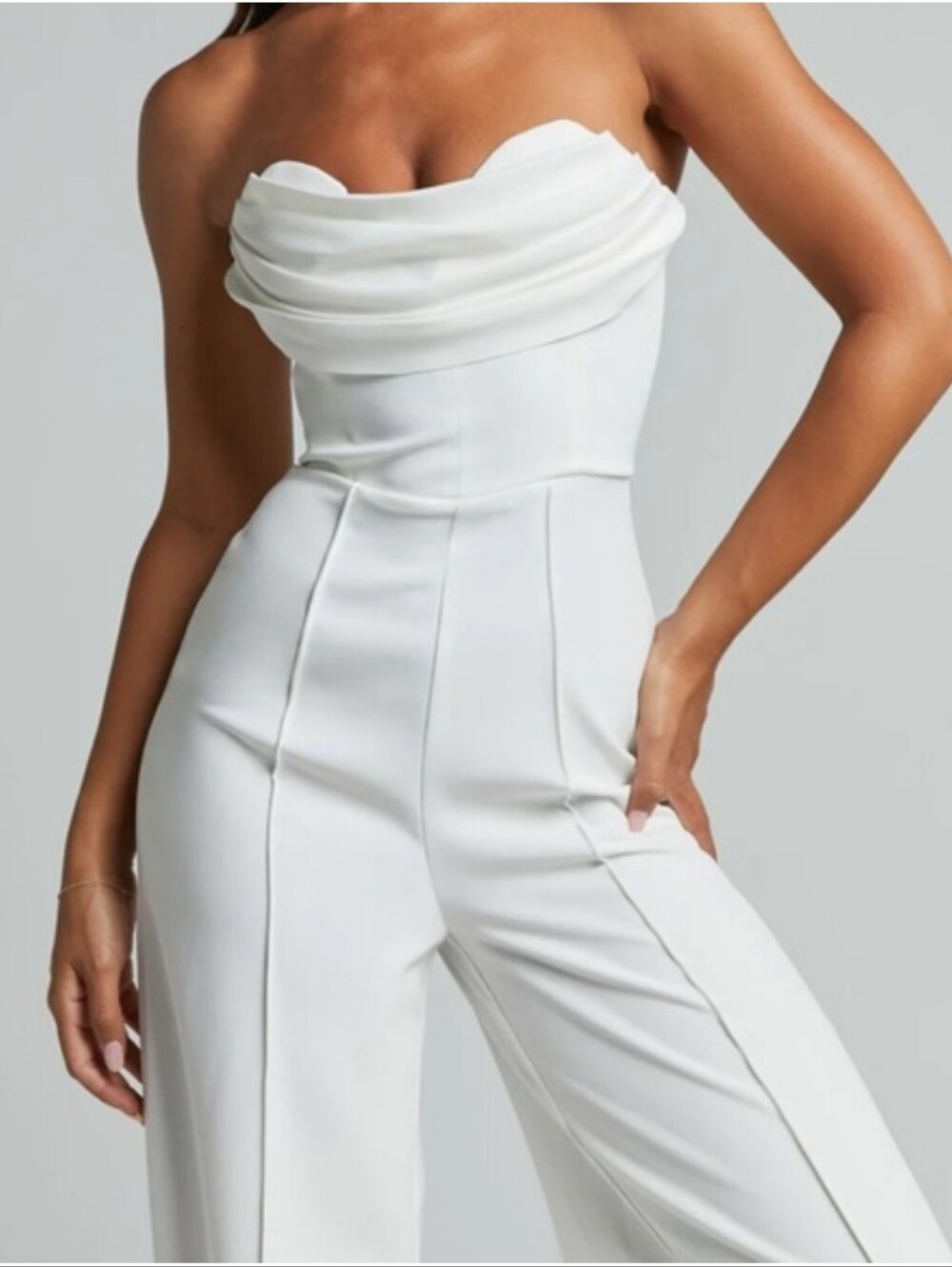 Showpo. Stacey White Strapless Cowl Wide-Leg Jumpsuit In Off White Size 14 New - Picture 4 of 8